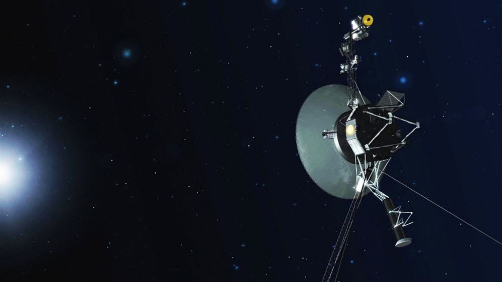 An artistic impression of Voyager in dark star-filled space, looking back towards the bright Sun.
