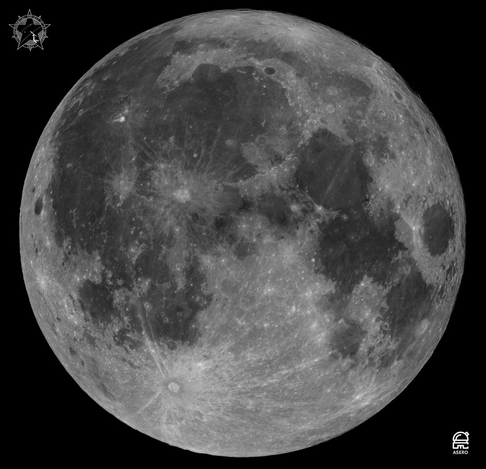 The full moon, showing the main features of large circular impact craters with ejecta spewed around them, and dark circular regions which were once seas of magma.  Top left is the Astronomical Society of Edinburgh (ASE) logo.  Lower Right is the ASE Remote Observatory logo.