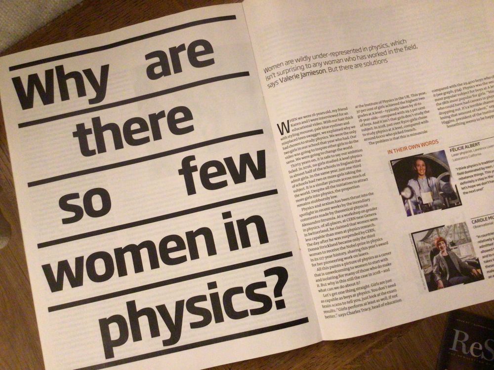 A magazine piece with the headline "What are there so few women in physics?"  The text reads: Women are wildly under-represented in physics – which isn't surprising to any women who has worked in the field says Valerie Jamieson.  But there are solutions.  