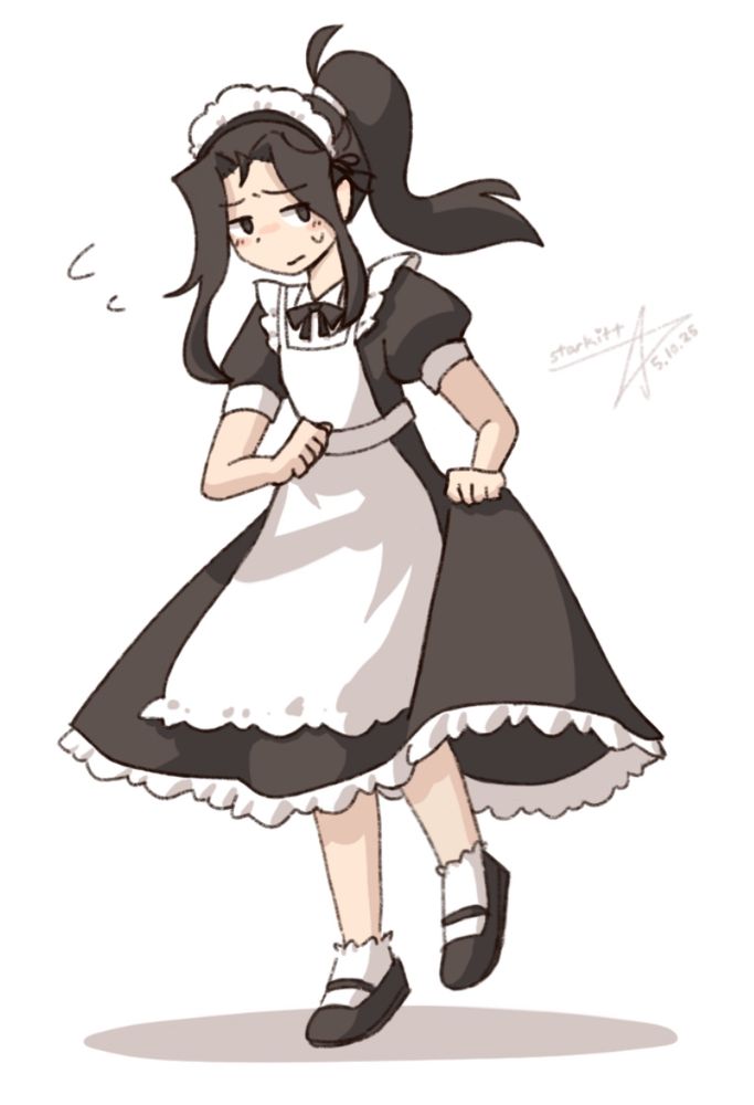 Hikari ku wearing a maid outfit. He has an embarrassed expression.