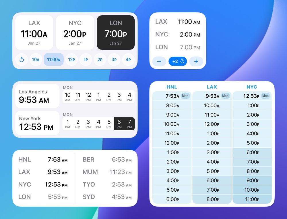Screenshot of iOS Home Screen widgets: interactive time zone conversion widgets, a table of upcoming times, and a grid showing 8 cities at once.