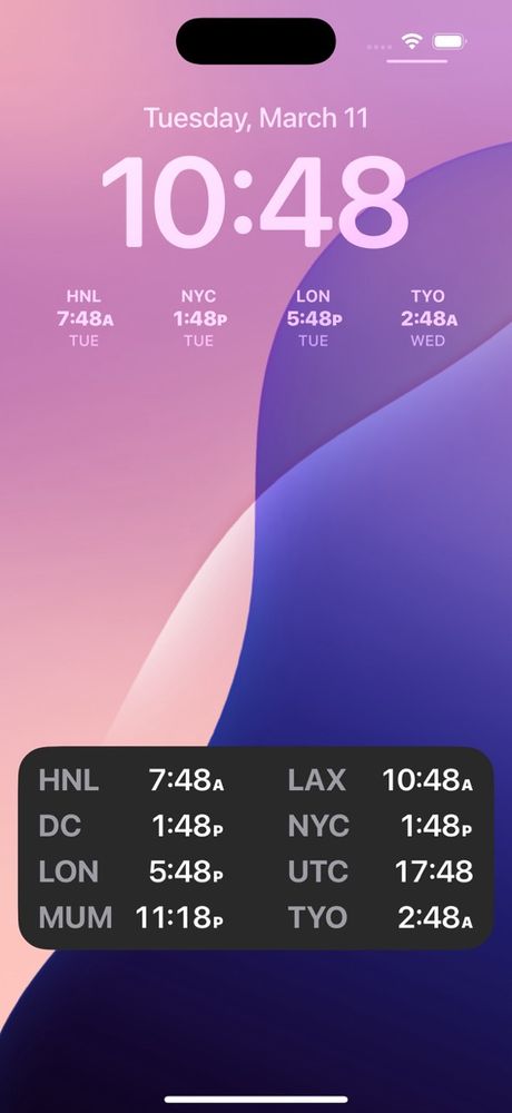 iPhone Lock Screen showing world clock widgets and a Live Activity with 8 different cities.