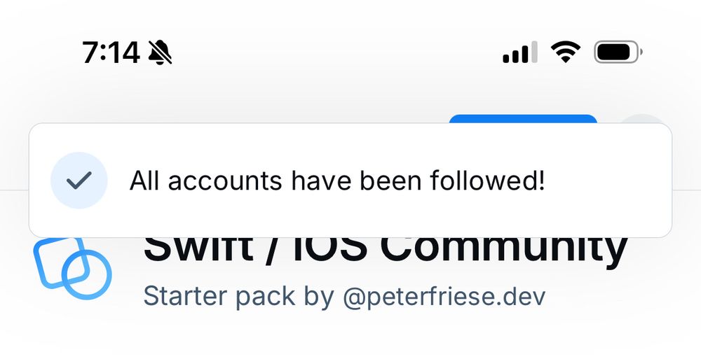 Screenshot of the Bluesky starter pack “all accounts have been followed!” popup.