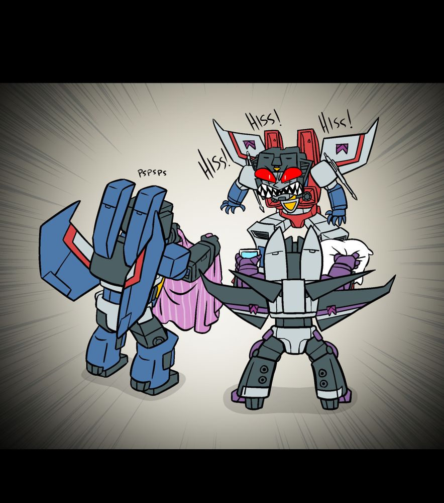 Thundercracker (wielding a blanket) and Skywarp (holding a cube of energon and a pillow) attempt to cajole Starscream into going to sleep. Starscream puts up a feral resistance.