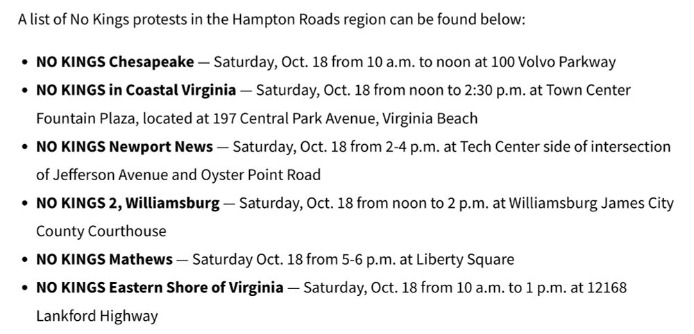 This shows a list of five No Kings events taking place across Hampton Roads on Saturday, October 18, 2025.