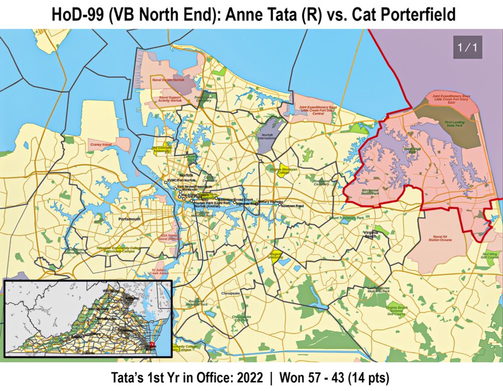 Map of Virginia House of Delegates District 99 (Virginia Beach North End), where democrat Cat Porterfield is challenging the Republican incumbent in the November, 2025 election.