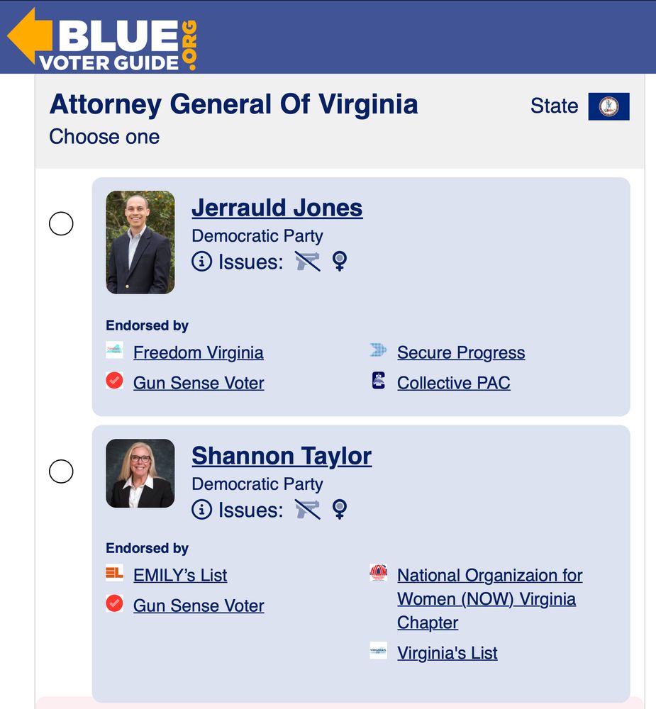 Screen capture from Blue Voter Guide, comparing endorsements of the Democratic candidates for Virginia Attorney General June 17, 2025 primary election.