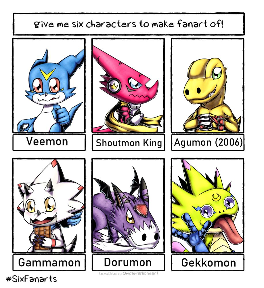 Digital art of Six Fanarts Challenge, with all the characters.