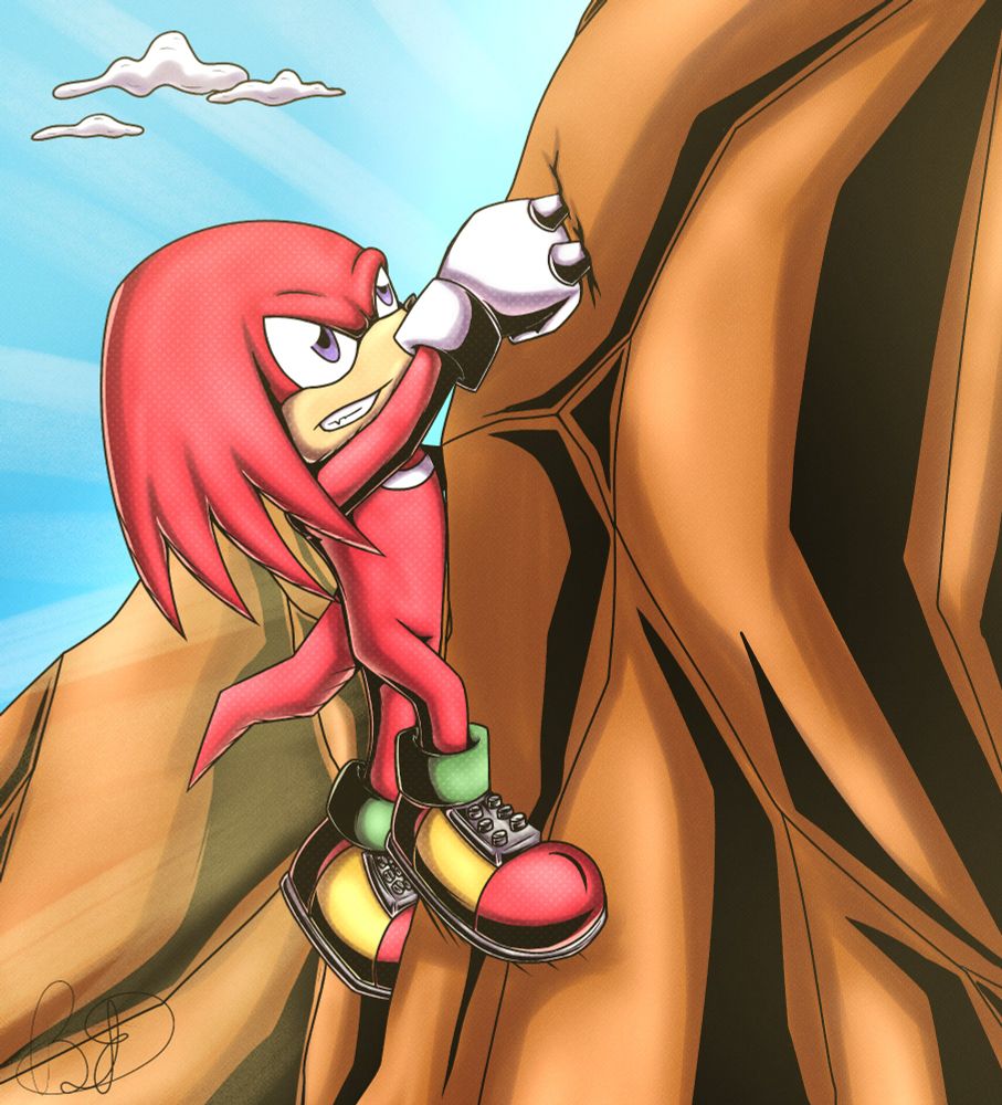 Digital art of Knuckles the Echidna, who is climbing a mountain 