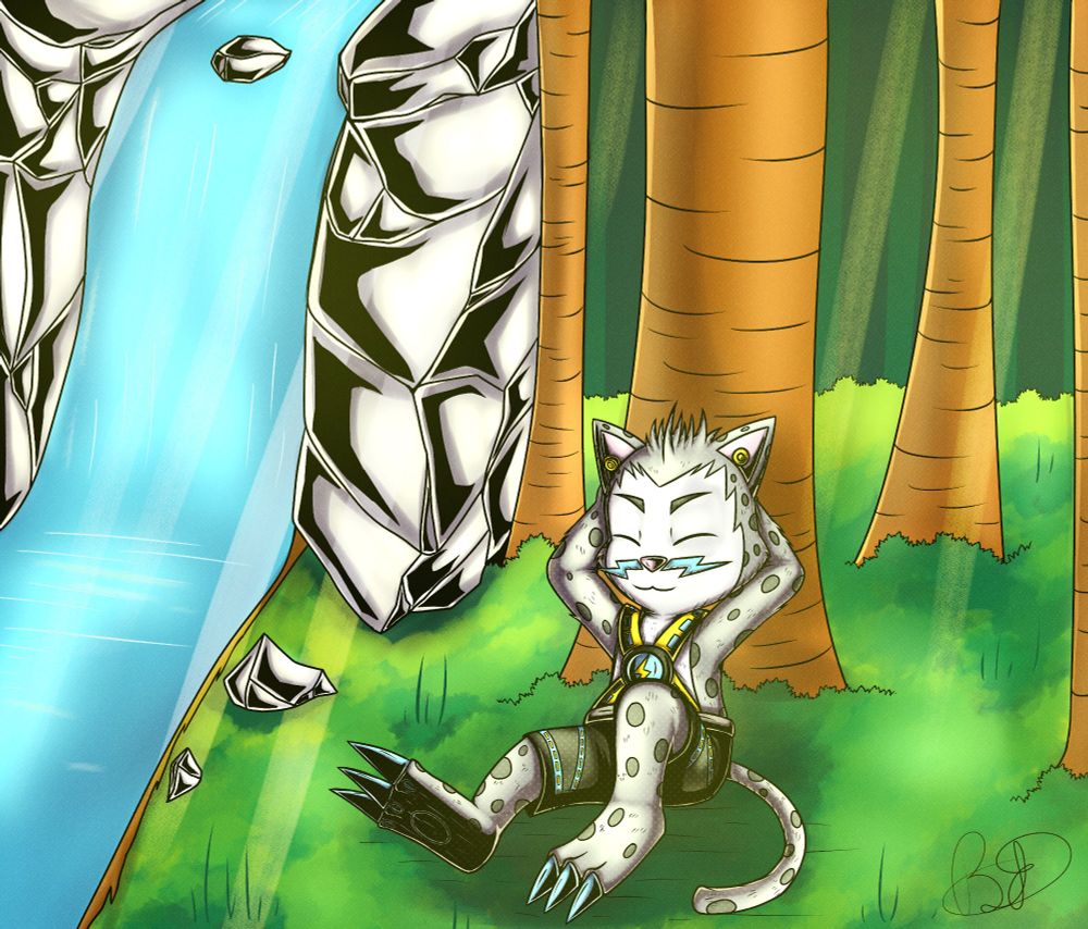 Digital art for an art trade of a OC, called Catzarper, who is resting in the forest.