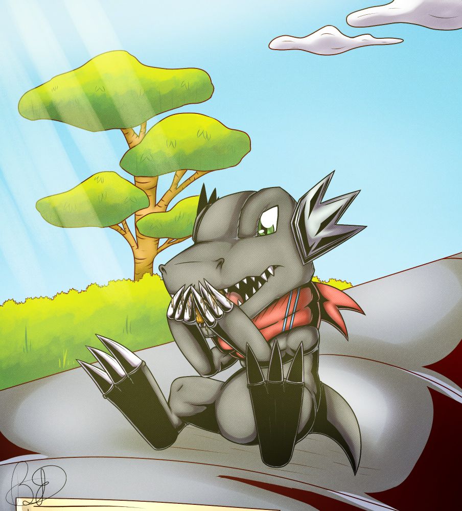 Digital art of a BlackAgumon OC, made for an art trade dynamic.