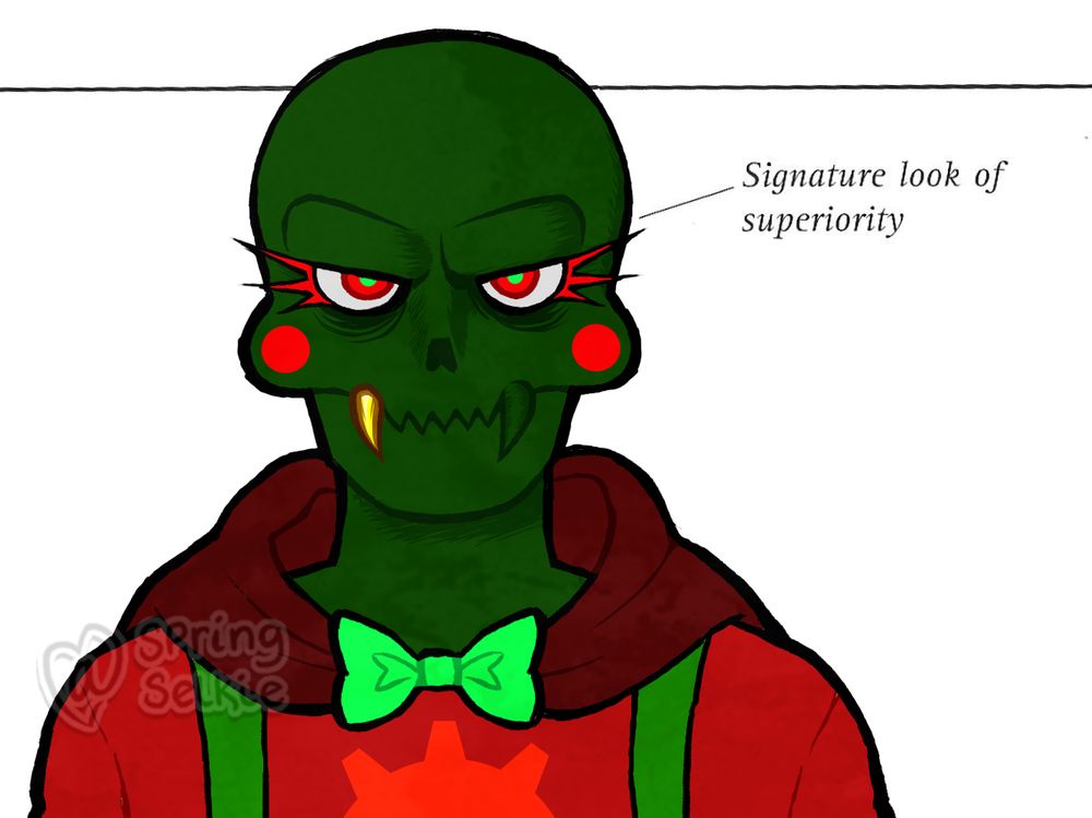 A drawing (bust) of Caliborn from Homestuck staring at the camera with an indicator on the side that says ''Signature look of superiority''