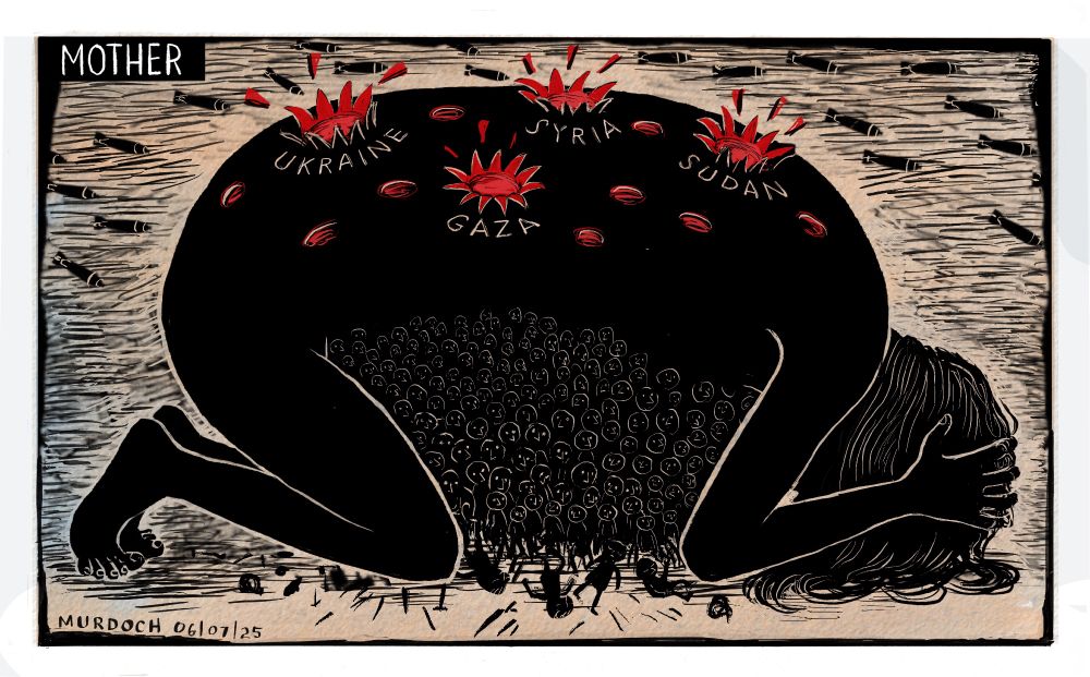 Drawing. Title: Mother. An mainly black and white image of a giant woman huddled over many, many children. Bombs are raining down on her, and holes are being blasted in her back. Four of the wounds are labelled Ukraine, Syria, Sudan and Gaza.