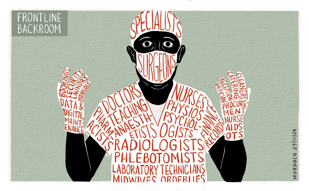 Cartoon. Title: Frontline/Backroom. Drawing of a surgeon made up of words: Specialists, Surgeons, Doctors, Teaching, Anaesthetists, Nurses, Physios, Psychologists, Radiologists, Phlebotomists, Laboratory Technicians, Midwives, Orderlies, Bookings, Security, Laundry, Pathology, Data & Digital, Maintenance, Pharmacists, Finance, Records, Cleaners, Catering, Reception, Dieticians, Procurement, Nurse Aids, OTs, and many many many more

‪

