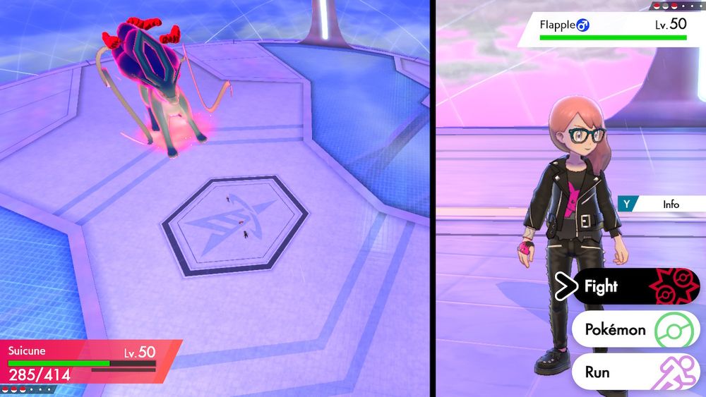 screencap of my character in the pokemon sword battle tower with a dynamaxed suicune fighting a cop