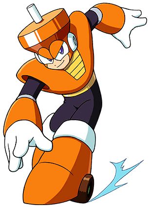 the robot master Top Man from Mega Man 3 he's got orange armor with white gloves and black pants/shirt