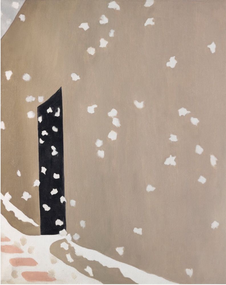 A painted canvas showing a beige wall with black door on the left and large dots of white snow falling