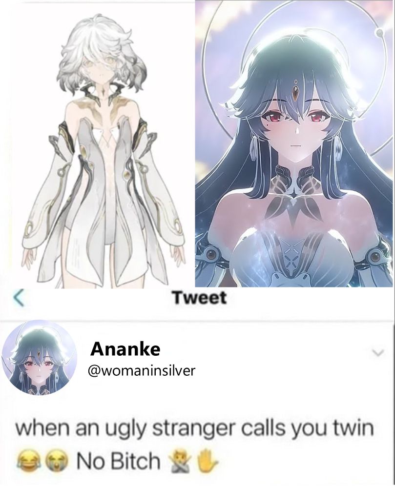 edited screenshot of a tweet with leaked/beta character xi xing on the left and ananke from the opening cutscene on the right. the text reads "when an ugly stranger calls you twin No Bitch"