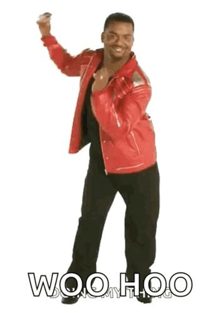 a man in a red jacket and black pants is dancing with the words woo hoo below him