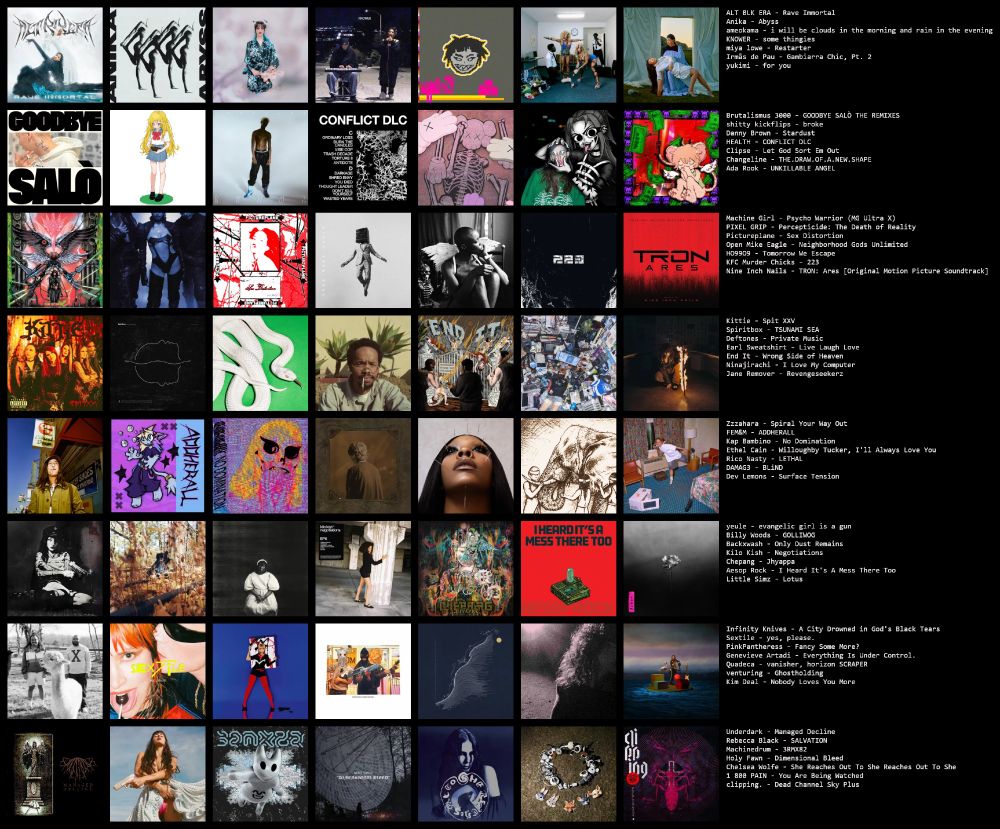      ALT BLK ERA - Rave Immortal
    Anika - Abyss
    ameokama - i will be clouds in the morning and rain in the evening
    KNOWER - some thingies
    miya lowe - Restarter
    Irmãs de Pau - Gambiarra Chic, Pt. 2
    yukimi - for you

    Brutalismus 3000 - GOODBYE SALÒ THE REMIXES
    shitty kickflips - broke
    Danny Brown - Stardust
    HEALTH - CONFLICT DLC
    Clipse - Let God Sort Em Out
    Changeline - THE.DRAW.OF.A.NEW.SHAPE
    Ada Rook - UNKILLABLE ANGEL

    Machine Girl - Psycho Warrior (MG Ultra X)
    PIXEL GRIP - Percepticide: The Death of Reality
    Pictureplane - Sex Distortion
    Open Mike Eagle - Neighborhood Gods Unlimited
    HO99O9 - Tomorrow We Escape
    KFC Murder Chicks - 223
    Nine Inch Nails - TRON: Ares [Original Motion Picture Soundtrack]

    Kittie - Spit XXV
    Spiritbox - TSUNAMI SEA
    Deftones - Private Music
    Earl Sweatshirt - Live Laugh Love
    End It - Wrong Side of Heaven
    Ninajirachi - I Love My Computer
    Jane Remover - Revengeseekerz

    Zzzahara - Spiral Your Way Out
    FEM&M - ADDHERALL
    Kap Bambino - No Domination
    Ethel Cain - Willoughby Tucker, I'll Always Love You
    Rico Nasty - LETHAL
    DAMAG3 - BLiND
    Dev Lemons - Surface Tension

    yeule - evangelic girl is a gun
    Billy Woods - GOLLIWOG
    Backxwash - Only Dust Remains
    Kilo Kish - Negotiations
    Chepang - Jhyappa
    Aesop Rock - I Heard It's A Mess There Too
    Little Simz - Lotus

    Infinity Knives - A City Drowned in God's Black Tears
    Sextile - yes, please.
    PinkPantheress - Fancy Some More?
    Genevieve Artadi - Everything Is Under Control.
    Quadeca - vanisher, horizon SCRAPER
    venturing - Ghostholding
    Kim Deal - Nobody Loves You More

    Underdark - Managed Decline
    Rebecca Black - SALVATION
    Machinedrum - 3RMX82
    Holy Fawn - Dimensional Bleed
    Chelsea Wolfe - She Reaches Out To She Reaches Out To She
    1 800 PAIN - You Are Being Watched
    clipping. - Dead Channel Sky Plus