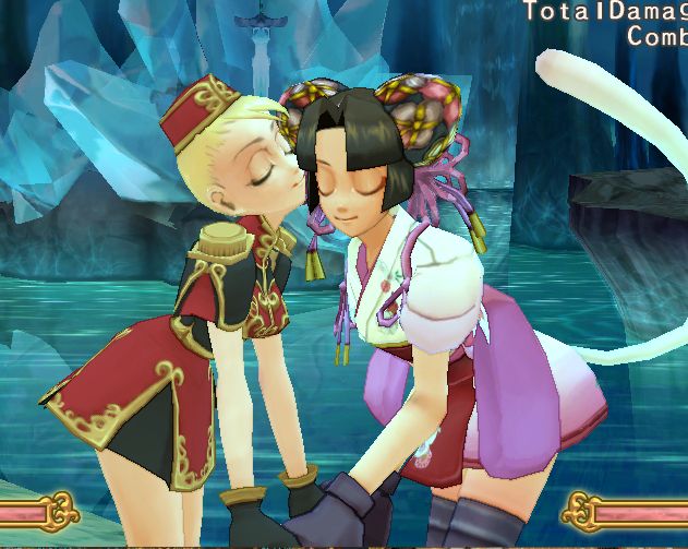 olivia from battle fantasia, giving coyori, also from battle fantasia, a smooch on the cheek