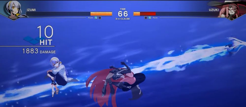 in the fighting game "under night in-birth 2: sys-celes", izumi, a woman with white blouse and blue capri pants and sandals, sits underwater watching uzuki, a pink haired mage with goth wear, slowly drowning while repeatedly attacked by her mystical creature companion