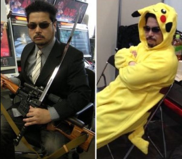 katsuhiro harada, seated at an arcade holding a katana and a rifle/firearm in business suit, and also katsuhiro harada in a pikachu onesie