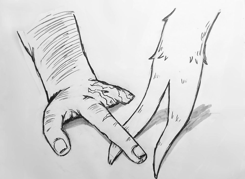 A sketch in black pen and grey marker of a battered, thick, and hairy human arm with only its thumb and pointer finger remaining holding hands with a softly furred creature with only two digits