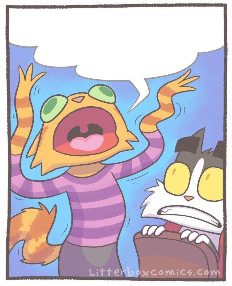 The mother cat from Litter Box comic strip with a fill-in-the- blank speech bubble. Text above reads:  "I desire to deck- build. Gimme mah cards!"