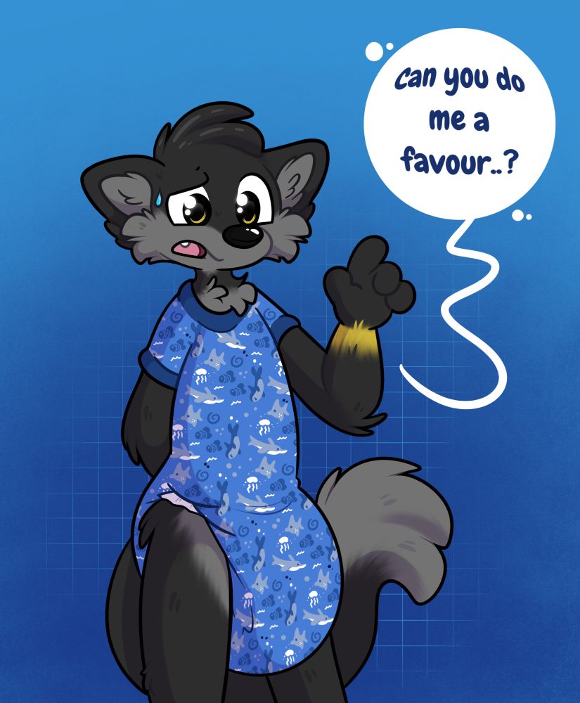 A dark grey wolf wearing a blue onesie with deep sea creatures and a very soggy diaper sagging all the way down to his knees.