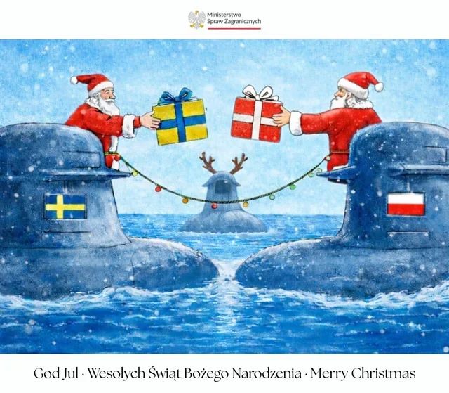 A cartoon Christmas card, with a Swedish and Polish submariner Santa exchanging presents.