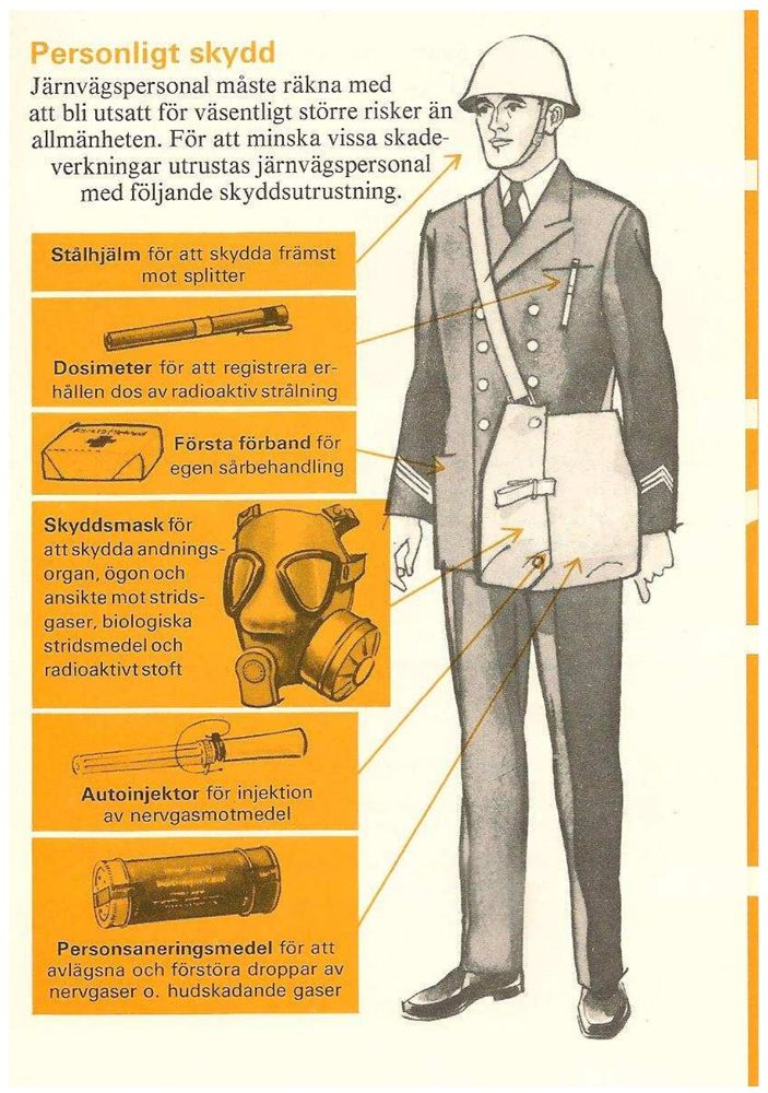 Illustration showing Swedish railway worker with full NBC kit and helmet.