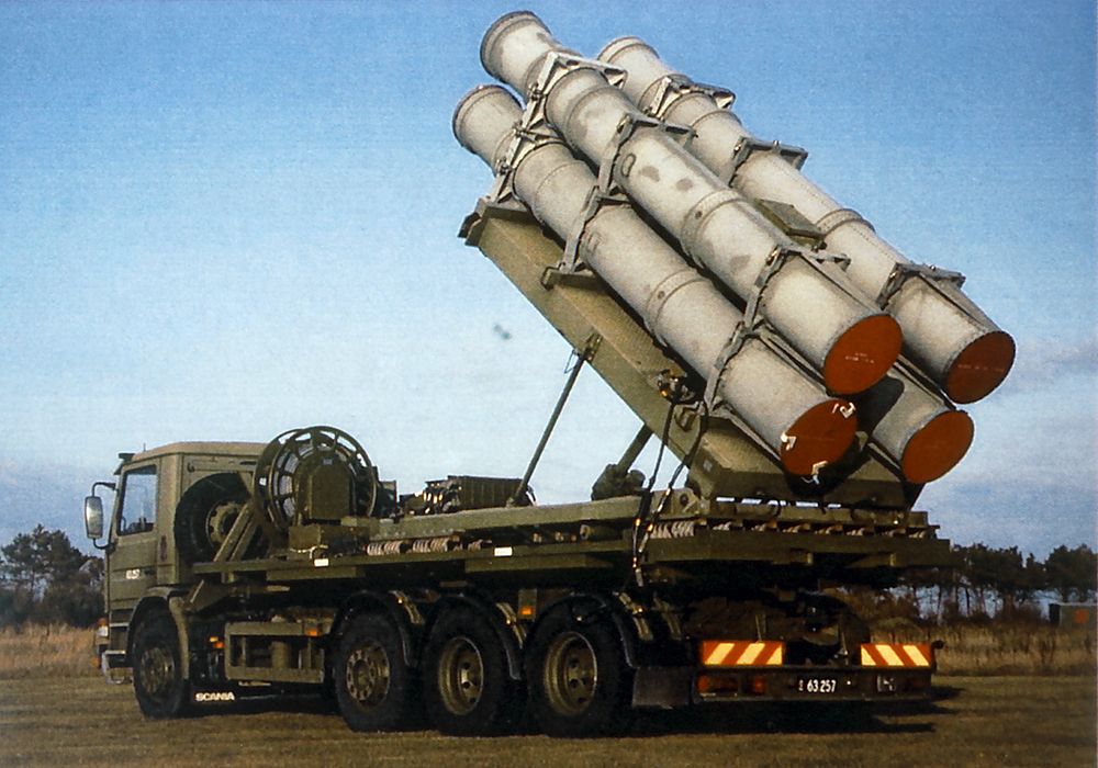 A DK MOBA quad pack of Harpoon missiles on a Scania truck.