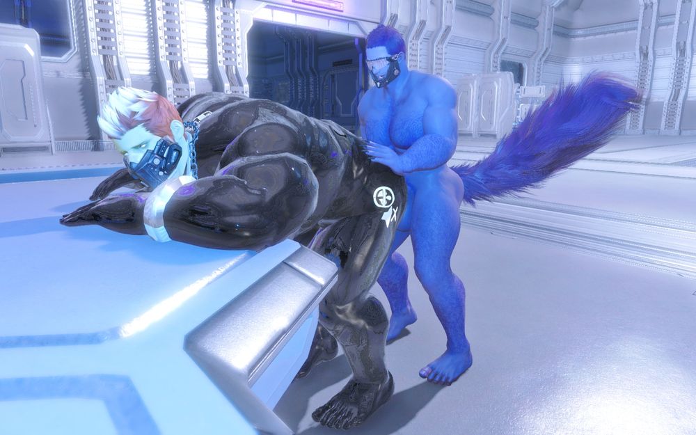 Niko commands the Luther drone to remove his helm and bend over. The eager wolf boy decided to test the sex drone's endurance with taking fat cocks. Niko's cock slips in real easy, as the drone gives a satisfied look to his new master with every thrust.