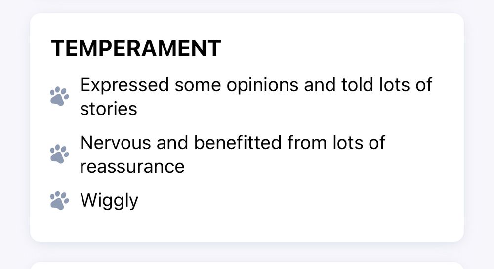 Screenshot of a report: 

TEMPERAMENT
Expressed some opinions and told lots of stories
Nervous and benefitted from lots of reassurance
Wiggly