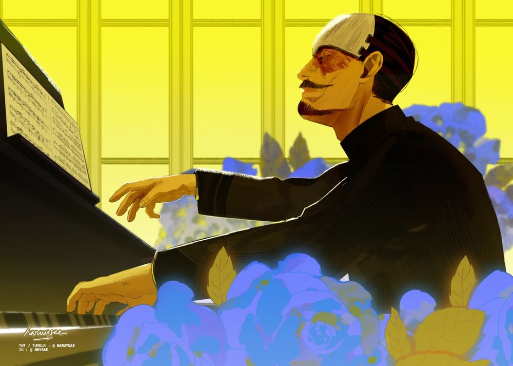 Tsurumi Tokushirou playing the piano surrounded by blue flowers