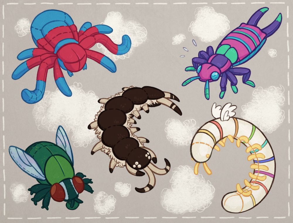 A drawing of five stylized plush bug concepts. A gummy worm ricinulei, a neon earwig, an oreo-like centipede, a green housefly, and a rainbow angelic millipede. The drawing background is decorated with stitching and cotton stuffing. 