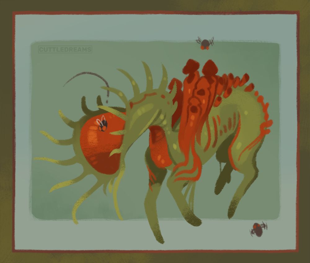 A drawing of a large quadrupedal beast that resembles a bundle of carnivorous plants, with a large flytrap for a head. There are several large flies drawn around it, one flying into its head mouth. 

The original upload is lightly animated, with the flies moving in circles around it and the mouth snapping shut. 
