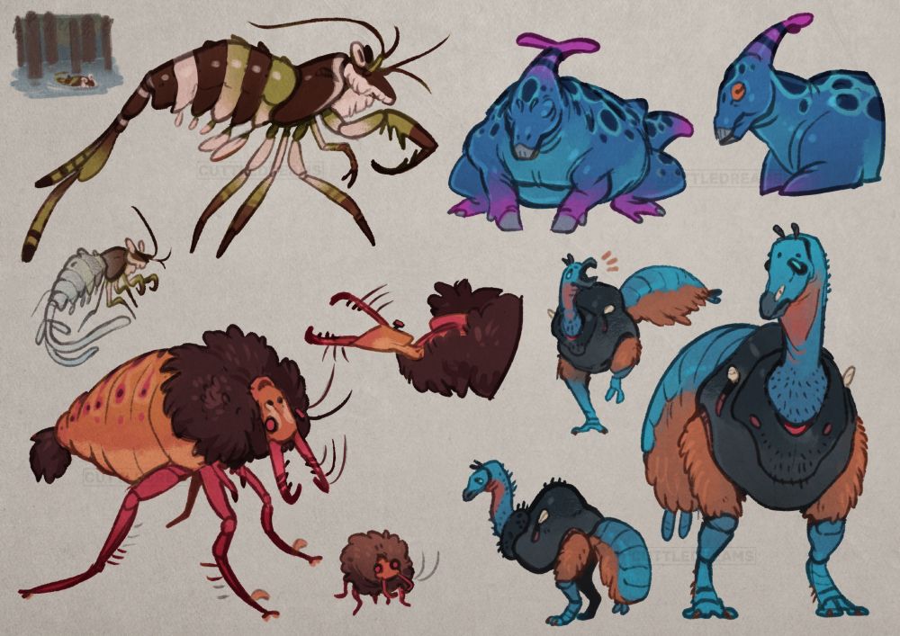 Colored sketches of four different fantasy creatures. One is a squat blue mix of hadrosaurus and pacman frog. Another is a striped murky-colored shrimp that hunts in water like a gator and can color change like a chameleon. Another is an antion with a big brown mane and pink jaws. The last is an arthropod somewhere between a camel and a turkey, with a fat tail and tiny vestigial wings. 