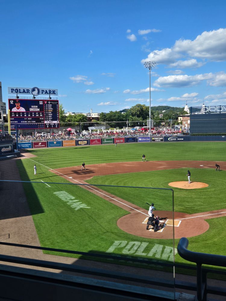 A view of the Polar Park field at a minor league baseball game between the Woo Sox and Iron Pigs. 
