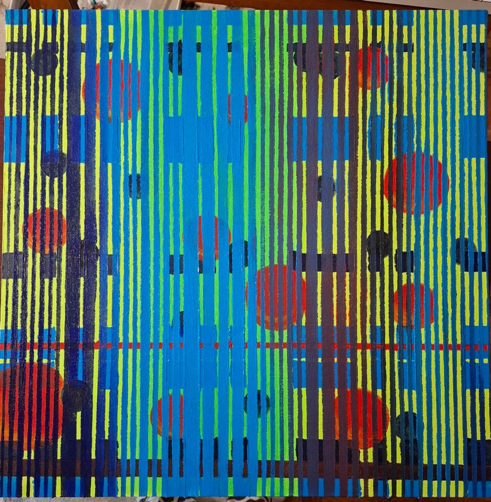Art piece with yellow green background, red spheres and a grid work. Abstract