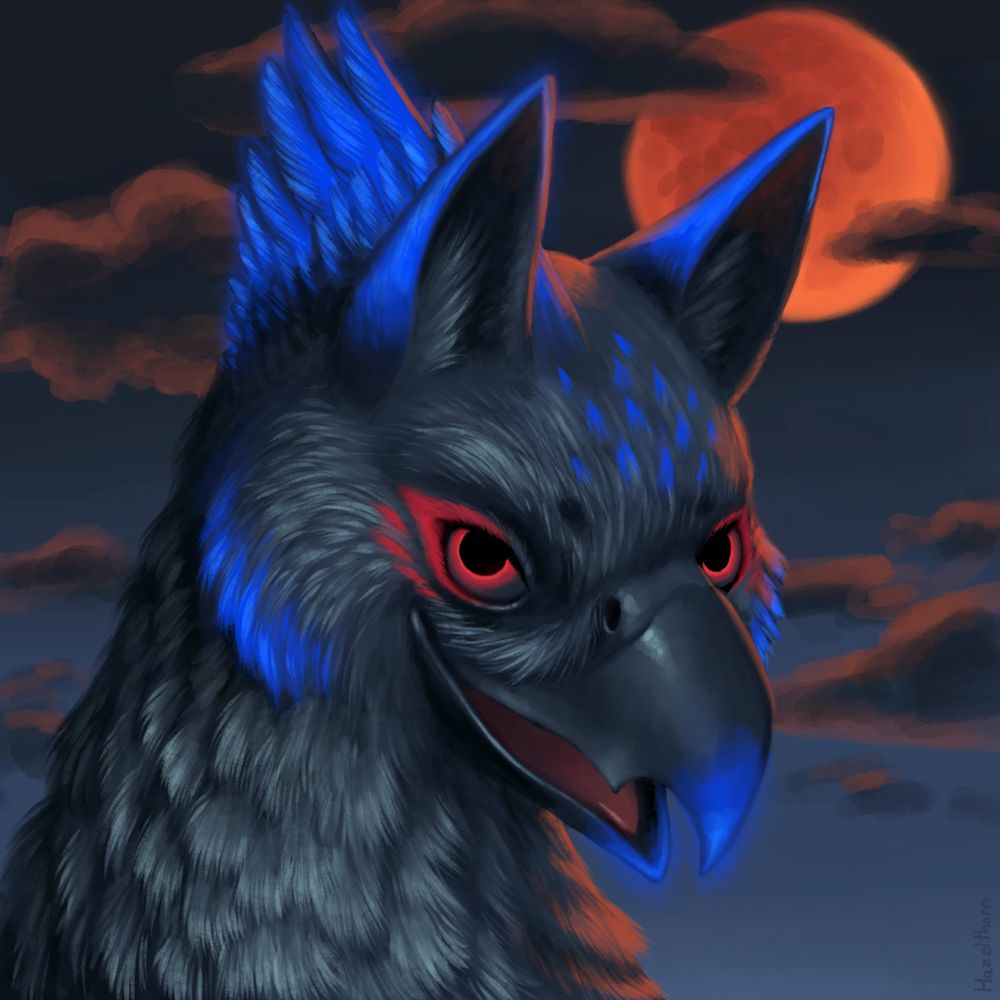 Portrait of Rask in front of a moonlit sky showing his partially glowing feathers and eyes