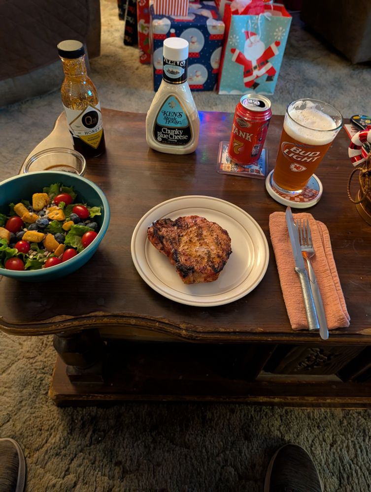 Grilled bone in pork chop, salad and Tank 7, holiday edition. 