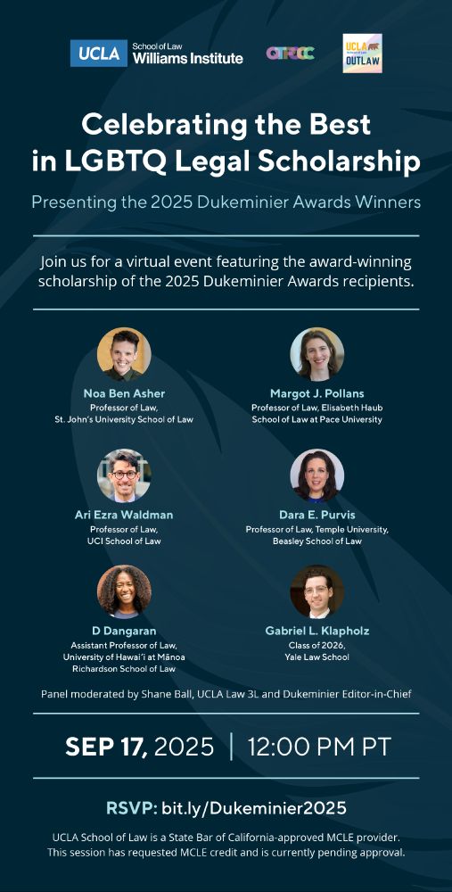 A flyer advertises a panel discussion titled "Celebrating the Best in LGBTQ Legal Scholarship." RSVP to bit.ly/Dukeminier2025
