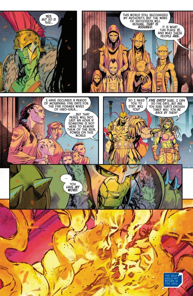 Hulk tells she hulk to stay and implies he'll be back, but then the last panel says the hulk would not return in 5 days