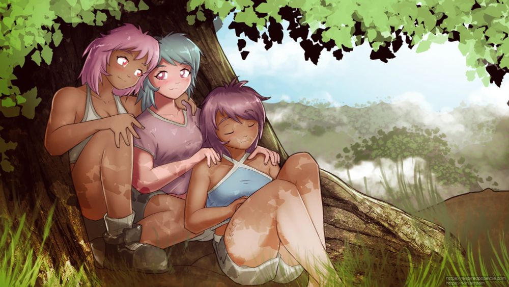 A digital illustration of three women cuddled together under a tree, with their arms around each other. One of them has a tattoo of an estrogen molecule on her thigh.
