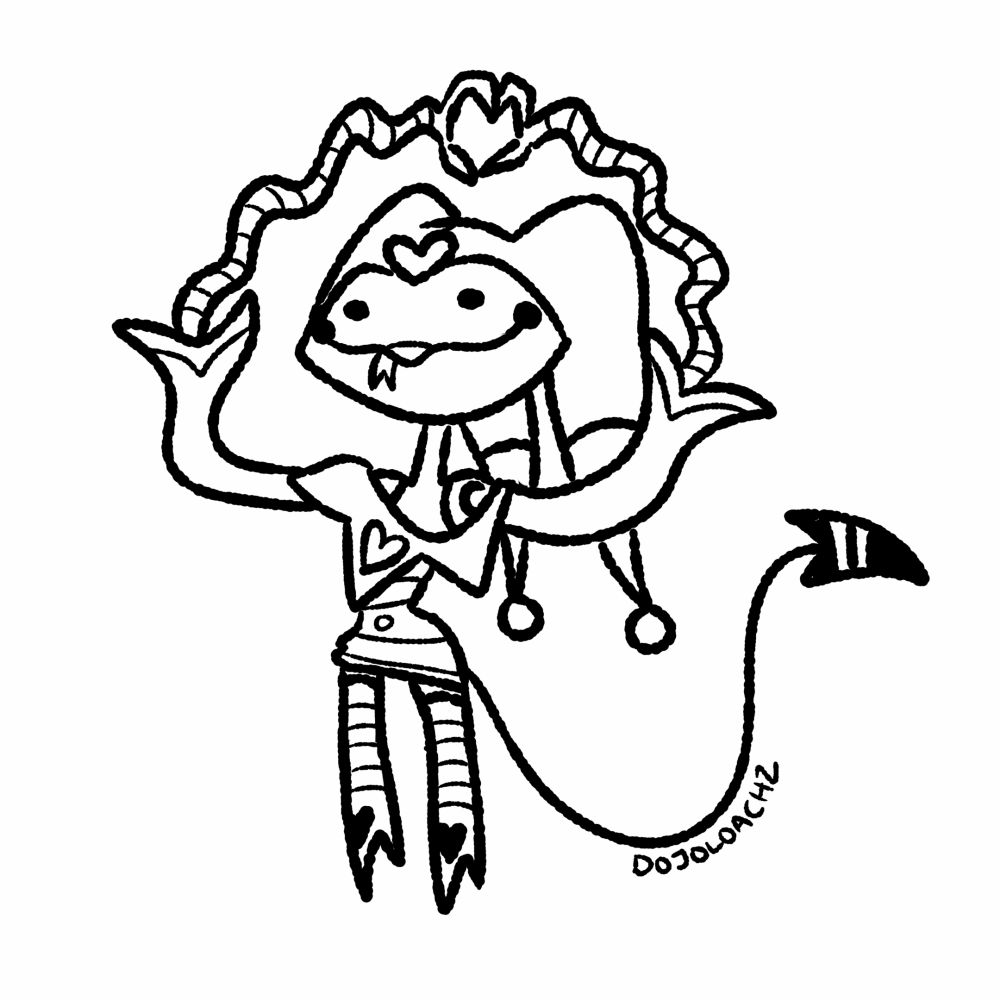 A very cute doodled image of Fizzarolli from Helluva Boss. His arms are extended over his head in a squiggle and he's making a heart with his hands.