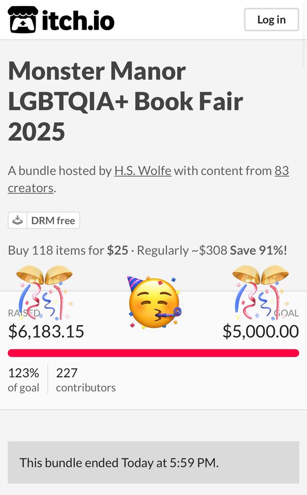 A screenshot of the monster manor book fair itch.io page, displaying the name and description as well as the goal of 5,000 surpassed to 6,183.15 and emotes plastered over top of confetti and a smiling face with a hate and confetti blowing a paper toy.