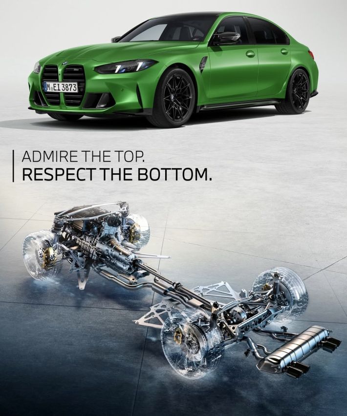 bmw ad which is in two sections with text in the transition between the two. the top section has a photo of a car. the text reads: “ADMIRE THE TOP. RESPECT THE BOTTOM.” below the text is the car drivetrain, including engine, wheels, and exhaust.