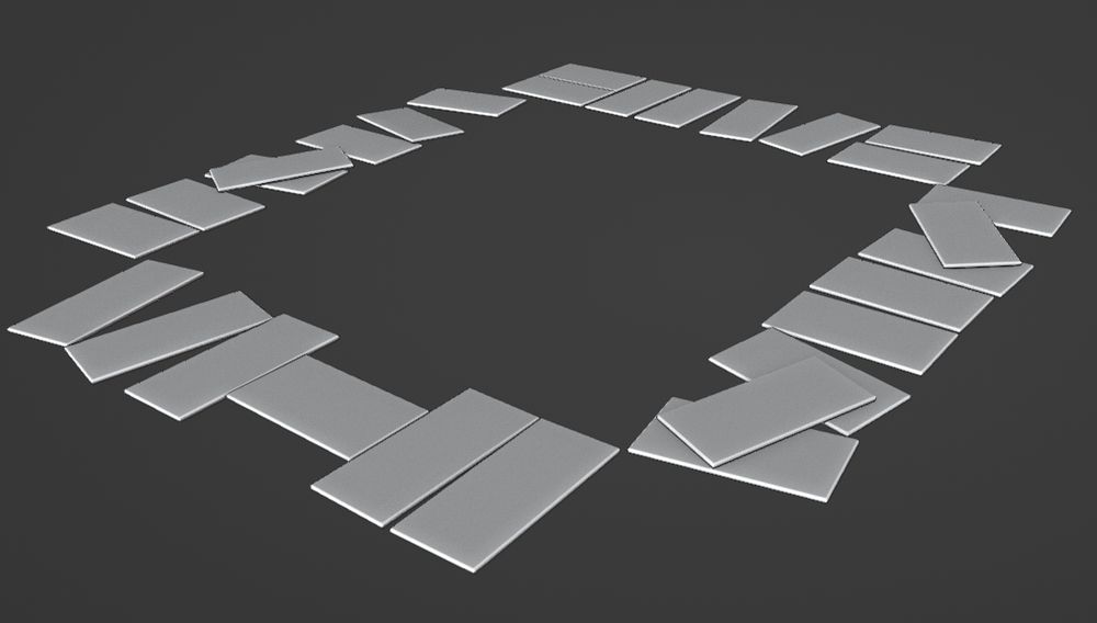 A screenshot from my work in progress wrestling game showing a bunch of floor pads placed down in the grass in a messy way. Some of them are overlapping.